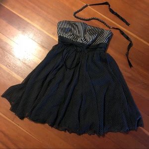Black & tan polka dot strapless dress. Size small.